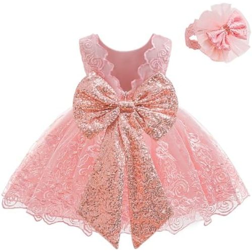 LZH Baby Girls Ruffle Lace Backless with Headwear,Bowknot Flower Dresses Pageant Party Wedding Baby Girl Christmas Dress