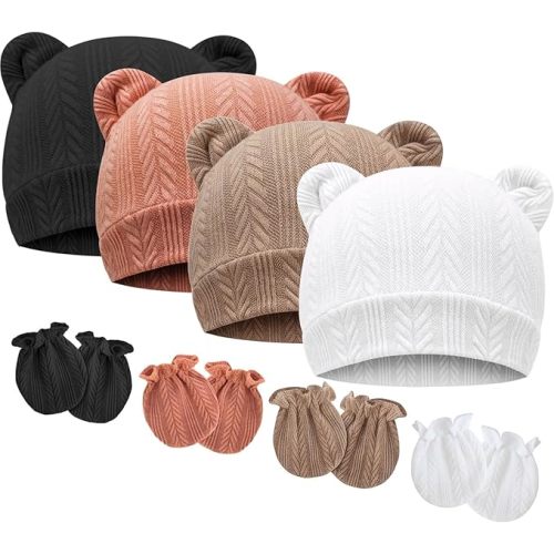 BQUBO Newborn Baby Hats Bear Ears and Mittens Sets Preemie Caps Baby Boy Girl Infant Hospital Beanie for 0-3 Months