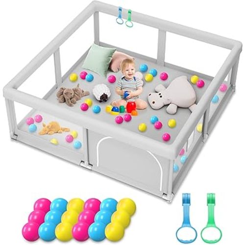 Baby Playpen with Balls and Pull Rings for Babies and Toddlers 50 x 50 inch, Play Yards Indoor, Sturdy Safety Play Pen with Soft Breathable Mesh, Baby Fence