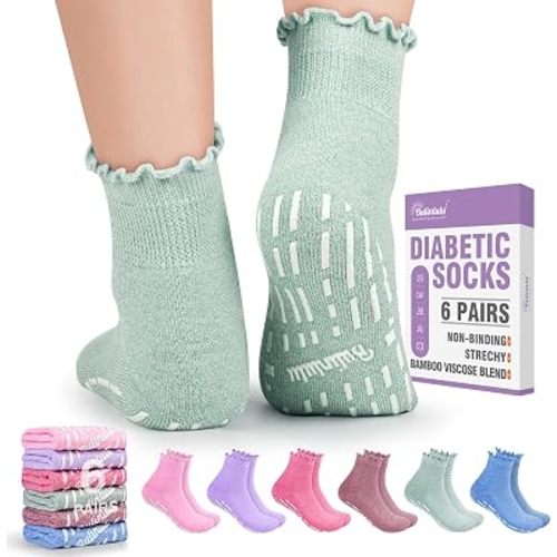 Bulinlulu Diabetic Non Slip Socks for Women, 6 Pairs Hospital Grippy Socks with Grips for Women Elderly Size 9-11