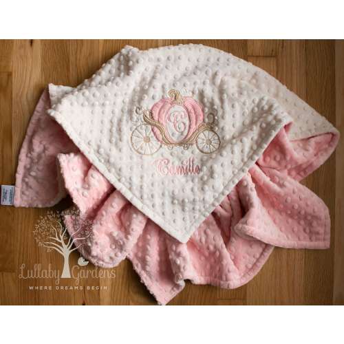 Personalized Appliqued Princess Carriage Minky Baby Blanket: Choice of Colors, Ivory and Blush Shown