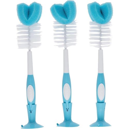 Dr. Brown's Reusable Sponge Baby Bottle Cleaning Brush Set with Suction Cup Stand, Scrubber and Nipple Cleaner, Blue 3-Pack