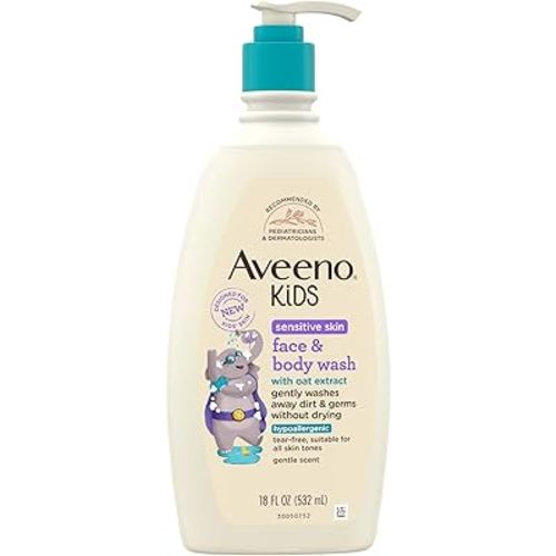 Aveeno Kids Face & Body Wash for Sensitive Skin, Oat Extract, Tear-Free, Non-Drying, Light Scent, Pump Dispenser, Hypoallergenic, Phthalate, Sulfate & Dye Free, 18 fl oz