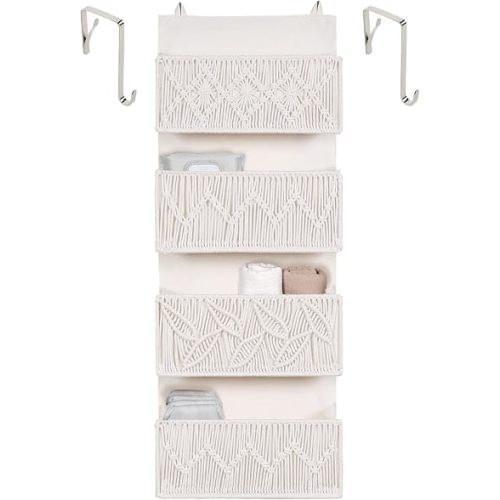 Macrame Over the Door Organizer, Boho Nursery Door Organizer with 4 Large Hanging Pockets, Over Door Baby Organizer for Diapers, Wipes, Bathroom, Bedroom