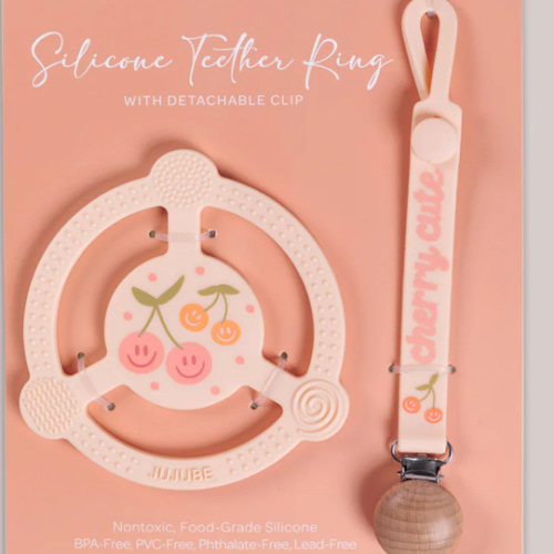 JuJuBe x Studio Oh! Silicone Teether Ring & Detachable Clip - Cherry Cute by Doodle By Meg