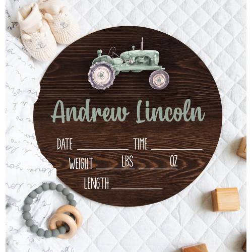 BABY BOY TRACTOR Birth stats sign, Round Wood Farm Boy Birth Stats Green Tractor Baby Stats Sign, Boy Hospital Sign, Tractor Theme Baby Gift