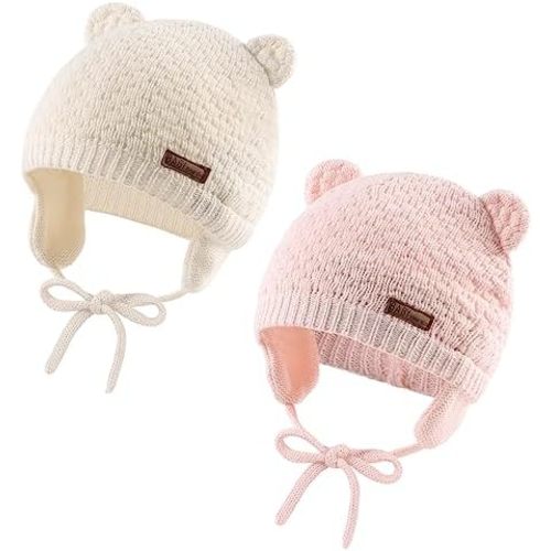 Warm Earflap Winter Hat 0-6 months White+ Pink