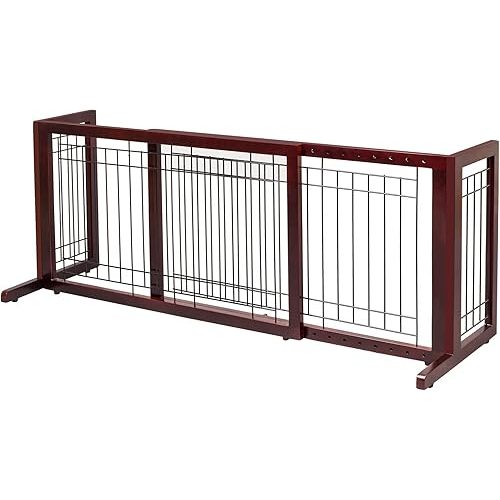 Bonnlo Free Standing Dog Gate, 37" - 68" Wide Pet Gate for Fireplace Stairs Doorways, Wooden Adjustable Pet Fence Indoor, Christmas Tree Gate (Cherry)