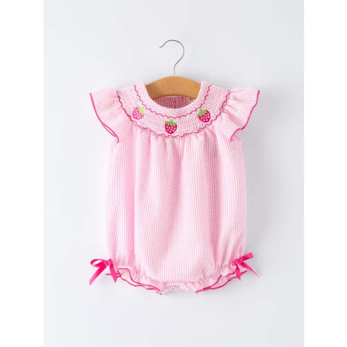 Strawberry Smocked Girl Romper Bow Ruffle – Rylee Faith Designs