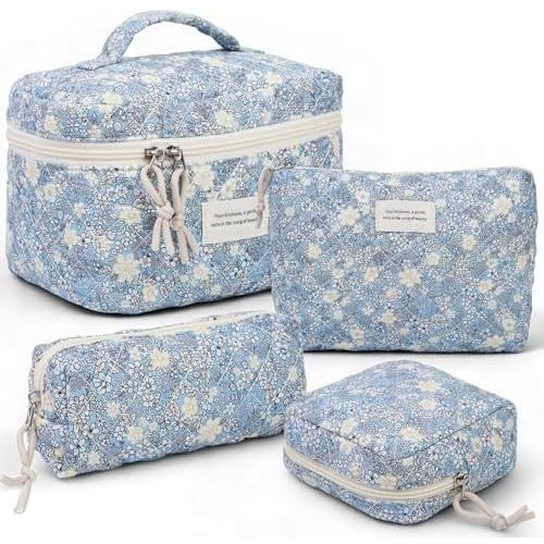 VIWIME Makeup Cosmetic Bag, Large Cotton Quilted Travel Coquette Aesthetic Cute Floral Make up Bag for Women Toiletry Bag Organizer (302-Blue&White)