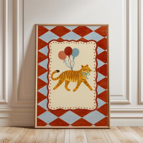 Tiger Nursery Wall Art, Baby Room Circus Print, Whimsical Animal Poster with Balloons, Kids Room Decor Printable, Download Art
