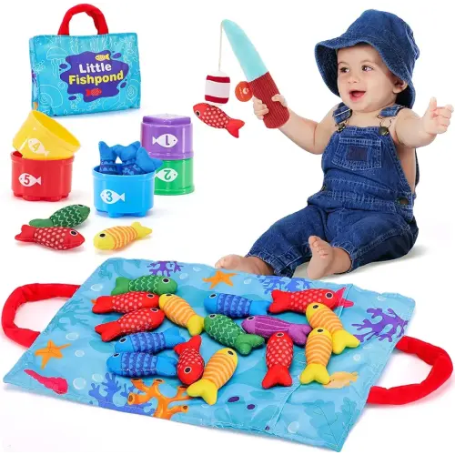 hahaland Toddler Toys Montessori Toys for 1 Year Old Boy Girl Birthday Gift - 10 in 1 Cloth Fishing Game for Toddler 1-3 with Stacking Cups - Number Counting, Color Sorting Learning