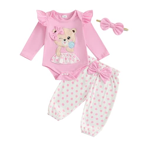 Lucikamy Newborn Baby Girl Fall Winter Outfits Cute Ruffle Long Sleeve Ribbed Romper Top Bow Pants with Headband