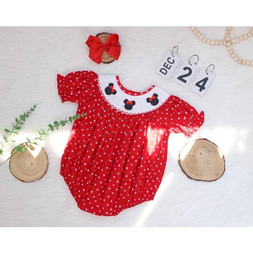 Baby Girl Mouse Ears Smocked Bubble Romper Bubble, Magical Trip Romper Bubble, Smocked Romper, Sweet One Romper, Red Dots Baby Summer Outfit