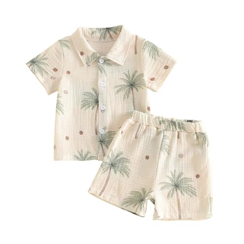Kupretty Toddler Baby Boy Clothes Linen Summer Outfits Tropical Vacation Dinosaur Button Up Short Sleeves Shirts & Shorts
