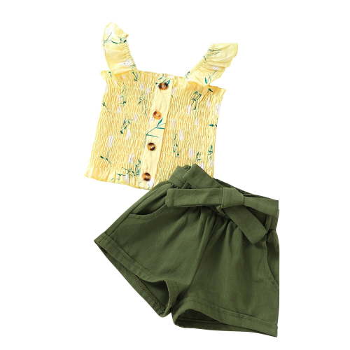 EnJoCho Baby Twin Girls Toddler Kids Girls Clothes Summer Sleeveless Floral Ruffle Strap T Shirt Tops Bow Shorts Casual 2PCS Outfits Set Children Girl Cute Daily Wear Clothing