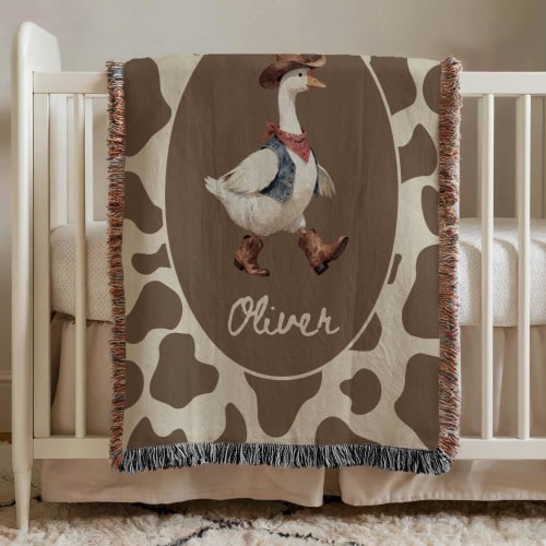 Custom Western Goose Baby Blanket, Personalized Name Cowboy Woven Blanket, Farm Goose Rodeo Nursery Decor Gift, Country Baby Shower Throw