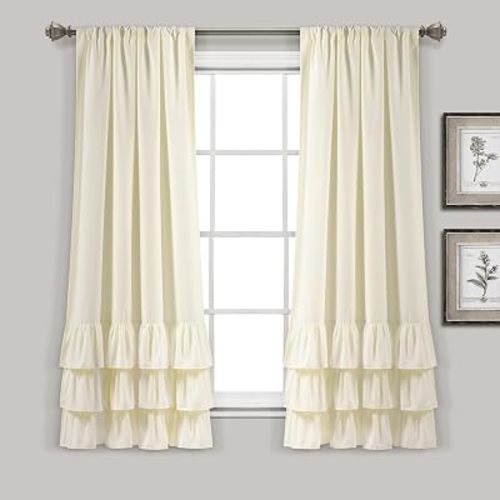 Lush Decor Allison Ruffle Light Filtering Window Curtain Panels Pair 40" W x 63" L Ivory - Coquette Curtains for Bedroom - Drapes - Ruffle Curtains Kids