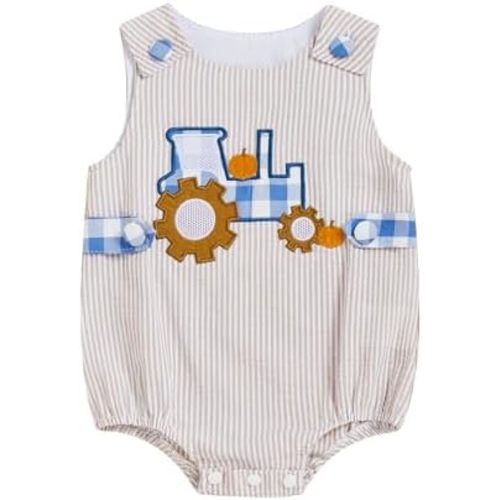 GOOCHEER Newborn Baby Boy Halloween Outfit Tractor Pumpkin Embroidery Bubble Romper Striped Sleeveless Bodysuit Clothes