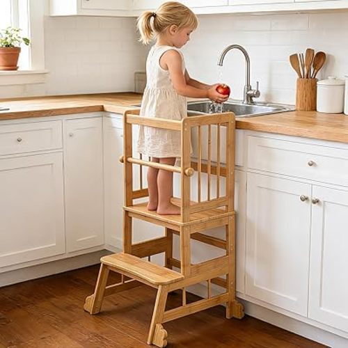 HBTower Kids Kitchen Step Stool with Safety Rails & Anti-Slip Feet,Toddler Standing Tower for Kitchen Counter Learning - Hold Up to 450lbs,Anti-Slip Feet Toddlers Learning Tower,Natural Bamboo