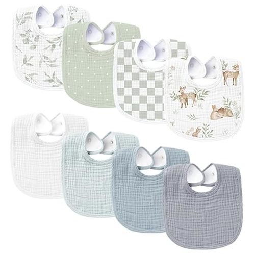 Konssy Muslin Baby Bibs 8 Pack Baby Bandana Drool Bibs Cotton for Unisex Boys and Girls, Soft Absorbent Set for Teething and Drooling