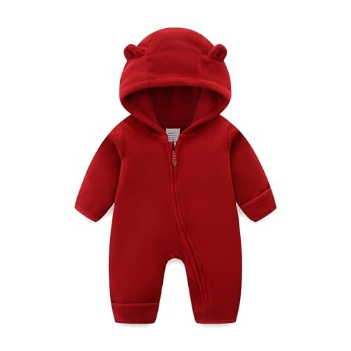 JingleBaBa Newborn Baby Bear Onesie Winter Snowsuit With Fold-over Mittens & Footies Zip Up Baby Fleece Jumpsuit 0-18M