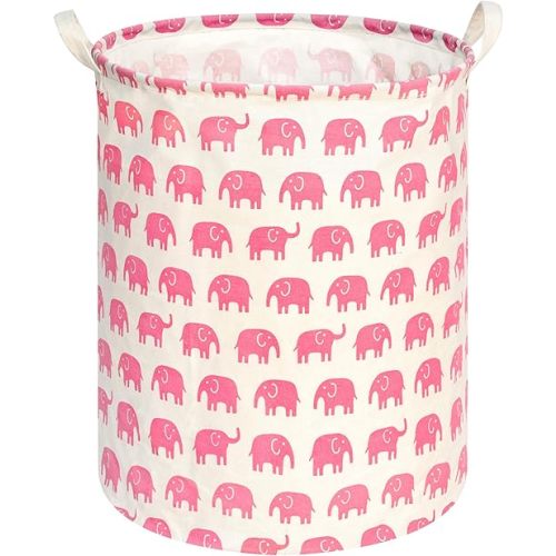 Kids Laundry Hamper Clothes Gift Basket Storage Laundry Baskets Organizer Bin with Handles for Nursery Room (Pink Elephant)