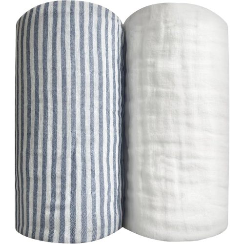 Blue Striped Muslin Baby Blanket, Ultra Soft Cotton Swaddle 43x43 in