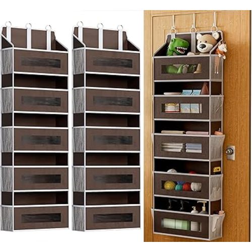 2 Pack 5 Tier Over The Door Organizer - Large Capacity Behind Door Hanging Shelves with 10 Mesh Pockets and Clear Windows, Closet Organizers and Storage for Bathroom, Bedroom, Nursery, Brown