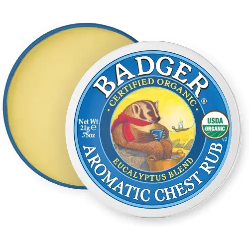 Badger Aromatic Chest Rub, 100% Organic Vaporub w/Eucalyptus & Lavender Essential Oils to Clear & Soothe, All-Natural Chest Congestion Relief for Adults & Kids, .75 oz Tin