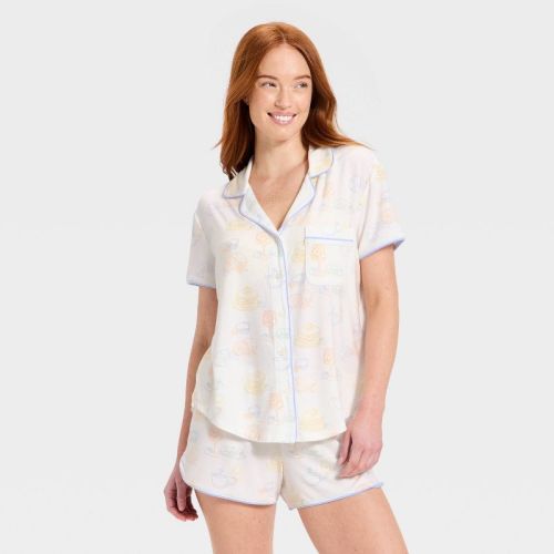 Women's Short Sleeve Notch Collar Shirt and Shorts Pajama Set - Auden™ Cream M