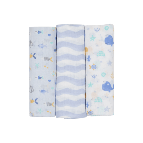 3 Pack Organic Cotton Muslin Wraps - Ocean - Multi - One Size