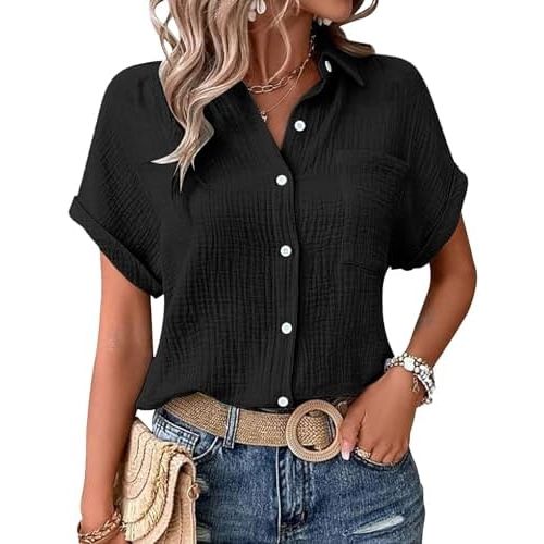 Nantdog Womens Gauze Shirts Summer Casual Loose Button Down Tops Short Sleeve Textured Collared Work Blouses Vacation Clothes