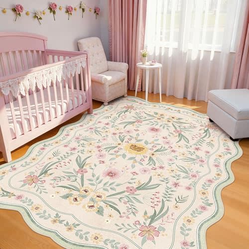 Scalloped Floral Rug 6x9, Sage Green Washable Non Slip Area Rug for Bedroom, Soft Low Pile Cottagecore Rug for Girls Room, Nursery, Dorm, or Reading Nook Green Beige