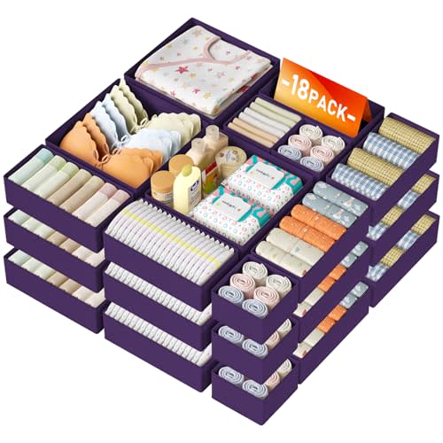 DIMJ Drawer Organizer Clothes 18 Pack - Foldable Baby Organizers and Storage & Dresser Organizer for Bedroom, Closet - Nursery Organization Dresser Dividers for underwear, Sock,Bra, Belt, Tie, Purple