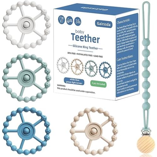 5 Pack Stylish Silicone Baby Teething Toys: 4 Teething Rings and Extra Silicone Clip, Toddler Teether, Teething Rings for Babies 0-6 Months 6-12 Months, Infant Teething Relief, 4 Month Baby Essentials