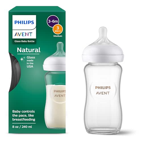 Philips Avent Natural Glass Baby Bottle, Medium Flow, 8 oz, BPA-Free | Borosilicate Glass, Baby-Controlled Flow, No-Drip Design, Reduces Colic and Gas with Anti-Colic Valve, 1-Pack, SCY913/01