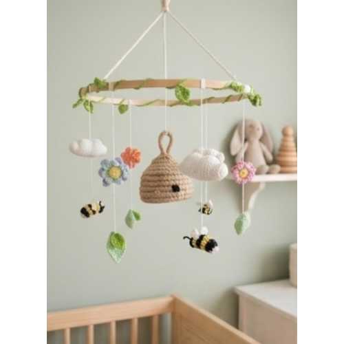 Honey Garden Baby Mobile, Crochet Bee Nursery Mobile, Beehive Crib Mobile, Handmade Baby Mobile, Bee Nursery Decor, Neutral Nursery Gift