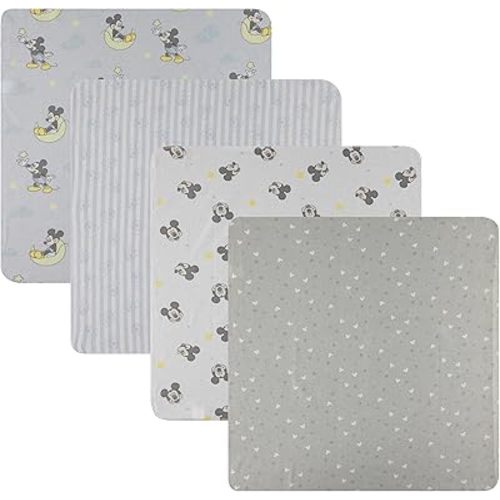 Disney Baby 4-Pack Receiving Blankets — 100% Cotton Flannel, 28" x 28" — Available in Mickey, Minnie, Pooh, Stitch or Angel — Soft Swaddle, Burp & Stroller Blankets — Gift-Ready with Ribbon Bow