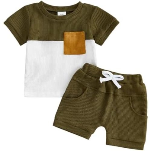 Toddler Baby Boy Summer Clothes Waffle Contrast Short Sleeve T-shirts Top Solid Shorts 2Pcs Outfit 6 12 18 24 Month