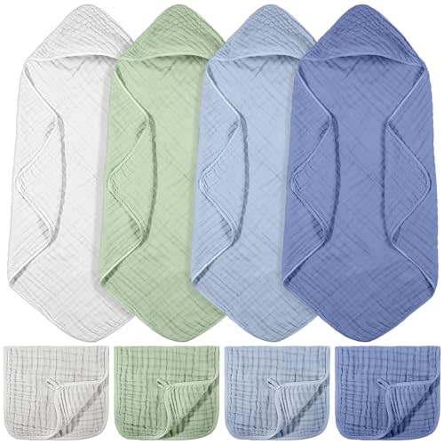 VitalCozy 8 Pcs Baby Muslin Hooded Bath Towels and Washcloths, 32 x 32 Inch Muslin Cotton Hooded Baby Towels Absorbent Blankets for Gift Newborn Infant Shower (Calming Color)