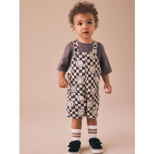 Black/Neutral Happy Face Checkerboard Dungarees (3mths-7yrs)