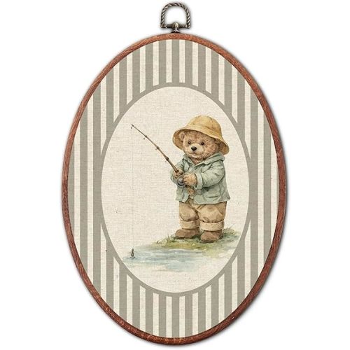 Vintage Bear Fishing Nursery Oval Wall Art Framed, Grey Striped Sports Framed Canvas Prints, Unique Retro Boy or Girl Gift Hanging Wall Decor for Kids Toddler Room Bedroom Playroom, 8.6x11.4 Inch
