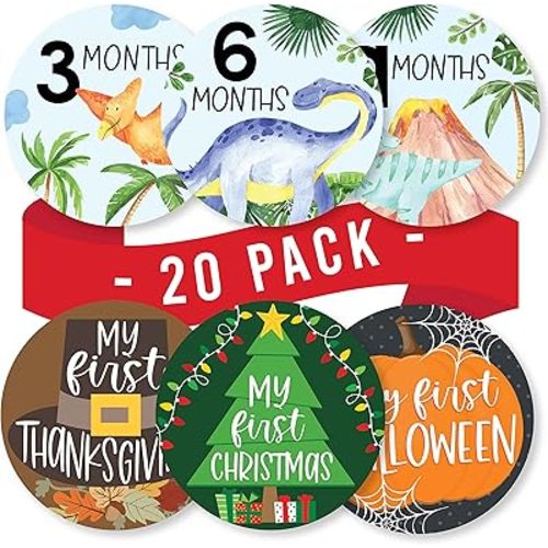 Hadley Designs 20 Monthly Baby Milestone Stickers for Boys-Dinosaur Baby Monthly Milestone Stickers for Baby Boy-Baby Month Stickers for Baby Photo Props