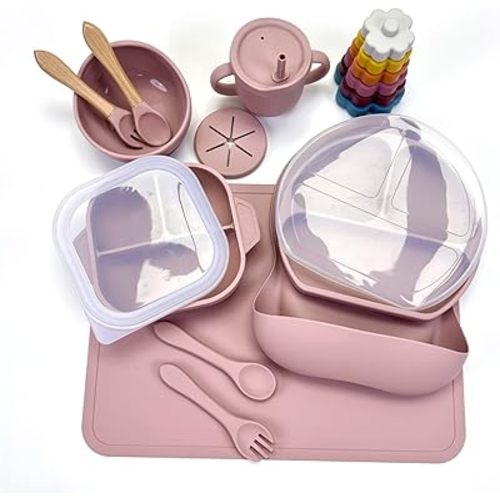 No-Mess Baby Feeding Set — Strong Suction Bowls + Soft Spoons (8-Piece) (Pink)