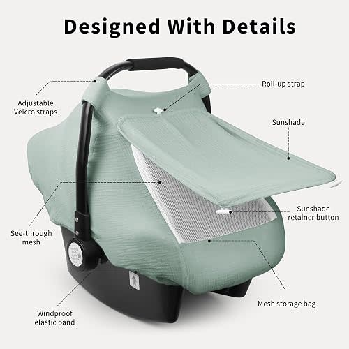 Rquite Car Seat Cover Baby, Carseat Covers Girl Boy, Breathable Muslin Cotton, Large Mesh Window, Infant Car Seat Canopy Baby Carrier Cover Stroller Sun Shade for Summer & Hot Day, Green