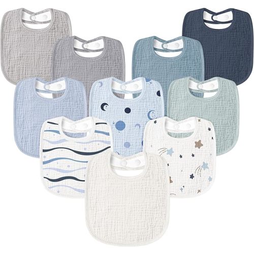 Susurration Muslin Baby Drool Bibs 10Pack Soft Square Adjustable Bandana Bibs for Unisex Baby Girls & Boys