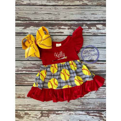 personalized softball dress, softball sister, cute softball outfit, sister softball dress, red white & yellow softball dress