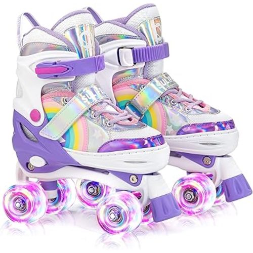SULIFEEL Rainbow Unicorn 4 Size Adjustable Roller Skates for Girls Boys for Kids Ages 3-5 5-8 6-12 Children Skates Indoor Outdoor