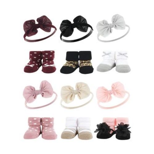 Hudson Baby Infant Girl 12Pc Headband and Socks Giftset, Burgundy Leopard Blush Taupe, One Size